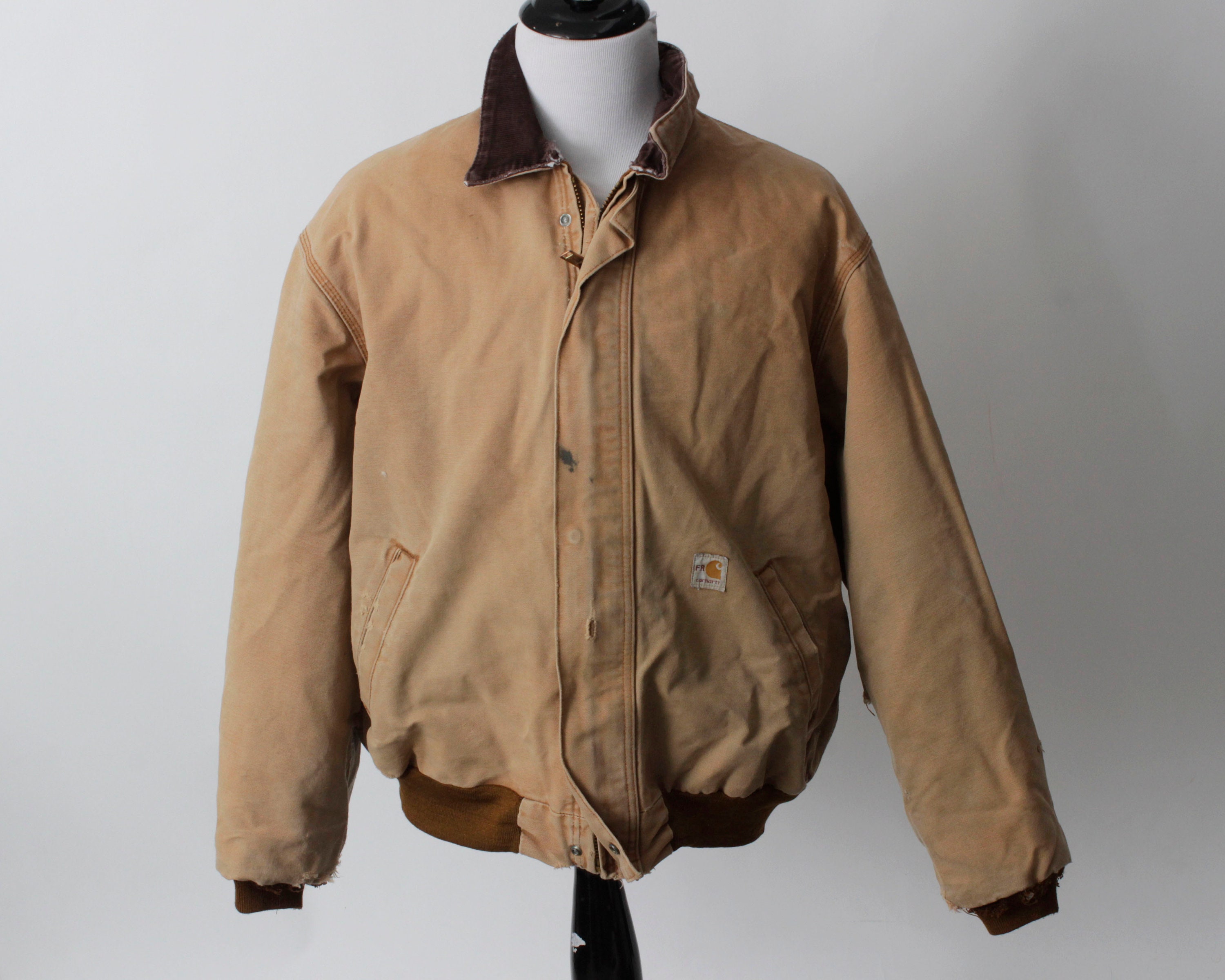Vintage 90s Carhartt Jacket Distressed Work Chore Men's Beige Tan