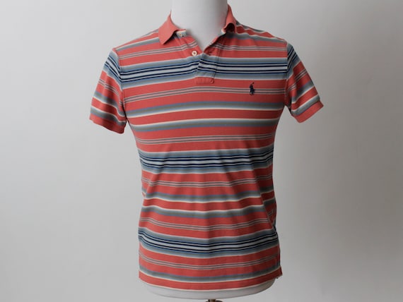 Vintage 90s Polo Shirt Ralph Lauren Men's Stripe Salmon Blue Short