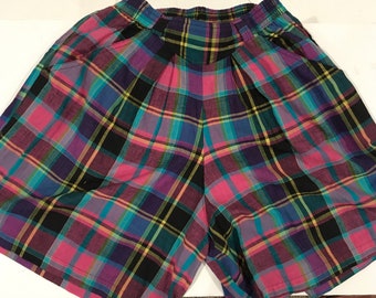 Vintage 80s High Waisted Shorts Women's Plaid Pink Blue - Retro 80's Stretch