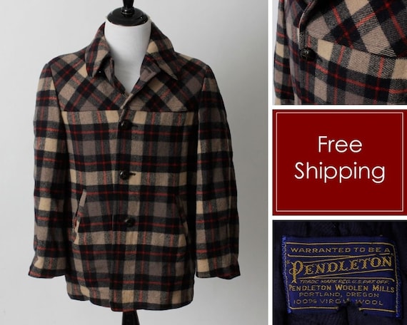 Vintage 60s Pendleton Coat Mens Women's Plaid Wool Fa… - Gem