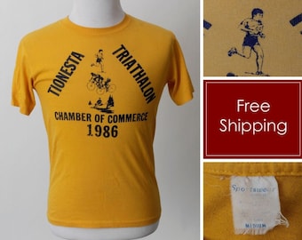 Vintage 80s Triathalon T Shirt TShirt T-Shirt Yellow Tionesta Marathon Runner Running Run - 80's Retro Men's Small S