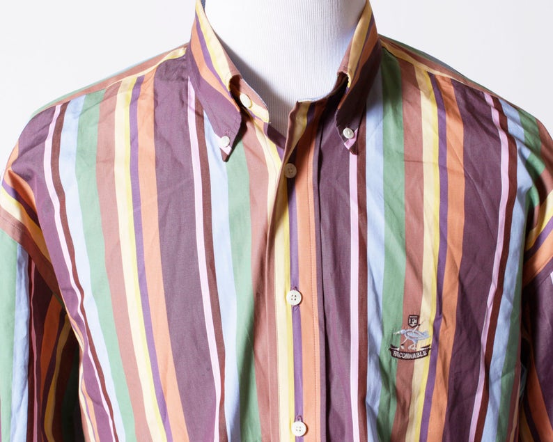 Vintage Men/'s Shirt Faconnable Multi Color Stripe Logo Bird Retro 90/'s Extra Large XL XXL Button Down