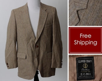 Vintage Men's Wool Blazer Jacket Suit Coat Sport Beige Tan Brown Pinstripe - 80s 42 R 42R Regular Made in the USA