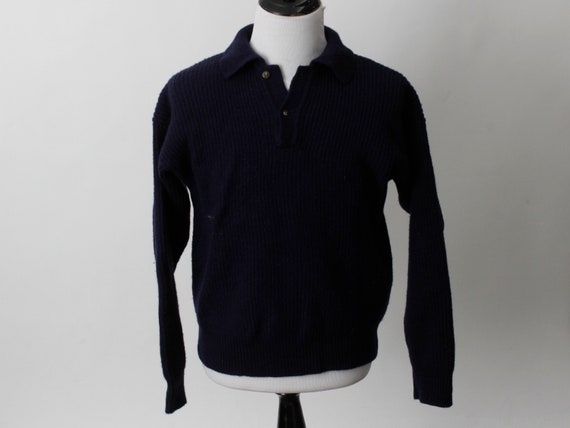 Vintage 80s Wool Gap Sweater Men's Navy Blue Ribb… - image 2