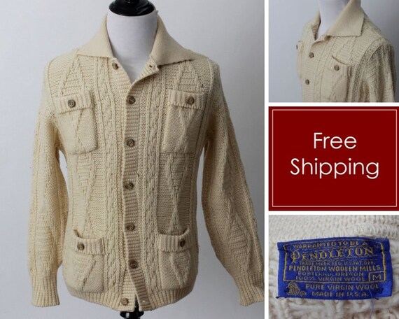 AnotherMountainCo Vintage 70s Pendleton Cardigan Cream Beige Men's Women's - 70s Retro Medium M Made in The USA