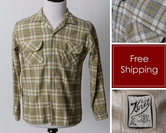 Vintage 50's Wool Plaid Shirt Men's Loop Collar L… - image 1
