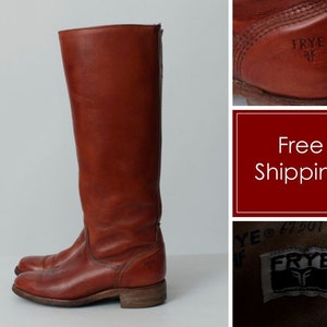 Vintage 90s Frye Boots Women's Tall Riding Brown Red Amber Leather Amber 6750 6750T Campus - 90's Retro Size 5.5 B Made in the USA