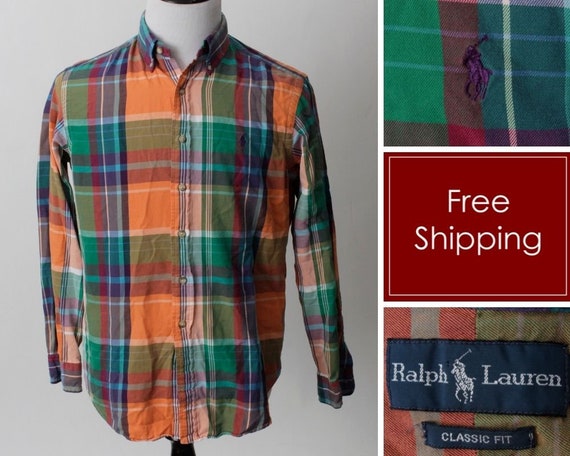 Vintage 90s Men's Polo Shirt Ralph Lauren Plaid Orange Blue Green