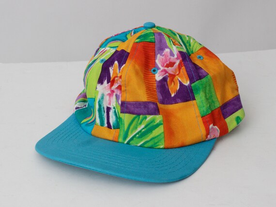 Vintage 90s Hawaiian Hat Floral Summer Blue Tie B… - image 1
