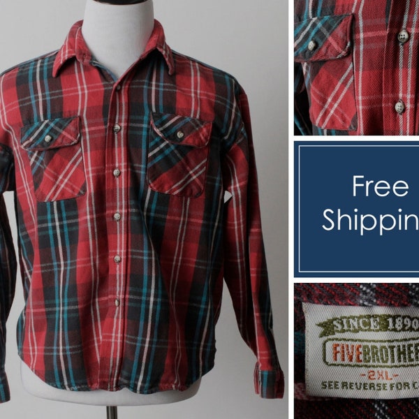 Vintage Men's Plaid Shirt Five 5 Brother Red Blue - 90's Retro Extra Large XXL 2XL