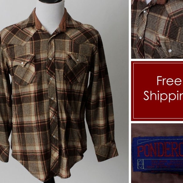 Vintage 80er Wollhemd Herren Kariert Braun Ponderosa Western Langarm - 80er Retro Large L