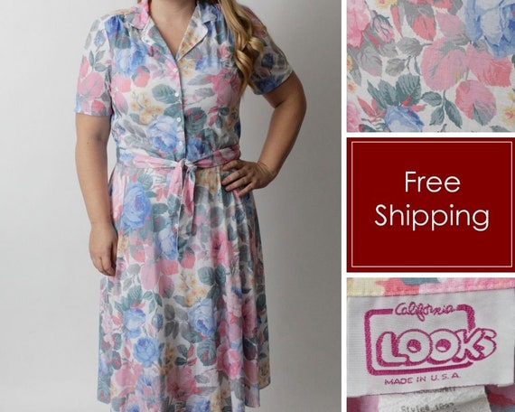 Vintage 80's Dress Women's Floral Flower Pink Blu… - image 1