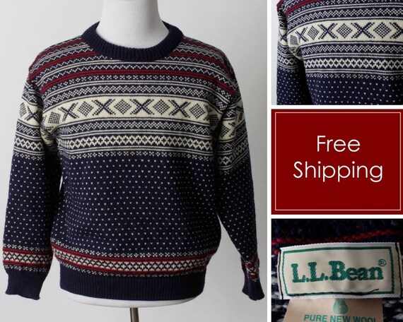 Vintage 90s LL Bean Fair Isle Sweater Wool Norwegian Red White