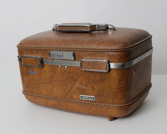 Vintage 70s Suitcase Case Bag Small Travel Tote Brown Mirror Hard