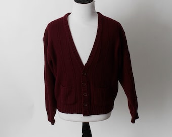 Cárdigan vintage de los años 80 para hombre, color granate, bolsillos, rojo, estilo preppy, estilo retro de los años 80, talla grande L