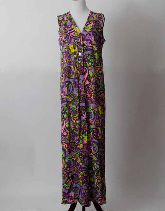 Vintage 80's Dress Women's Paisley Neon 60's Vibe… - image 2