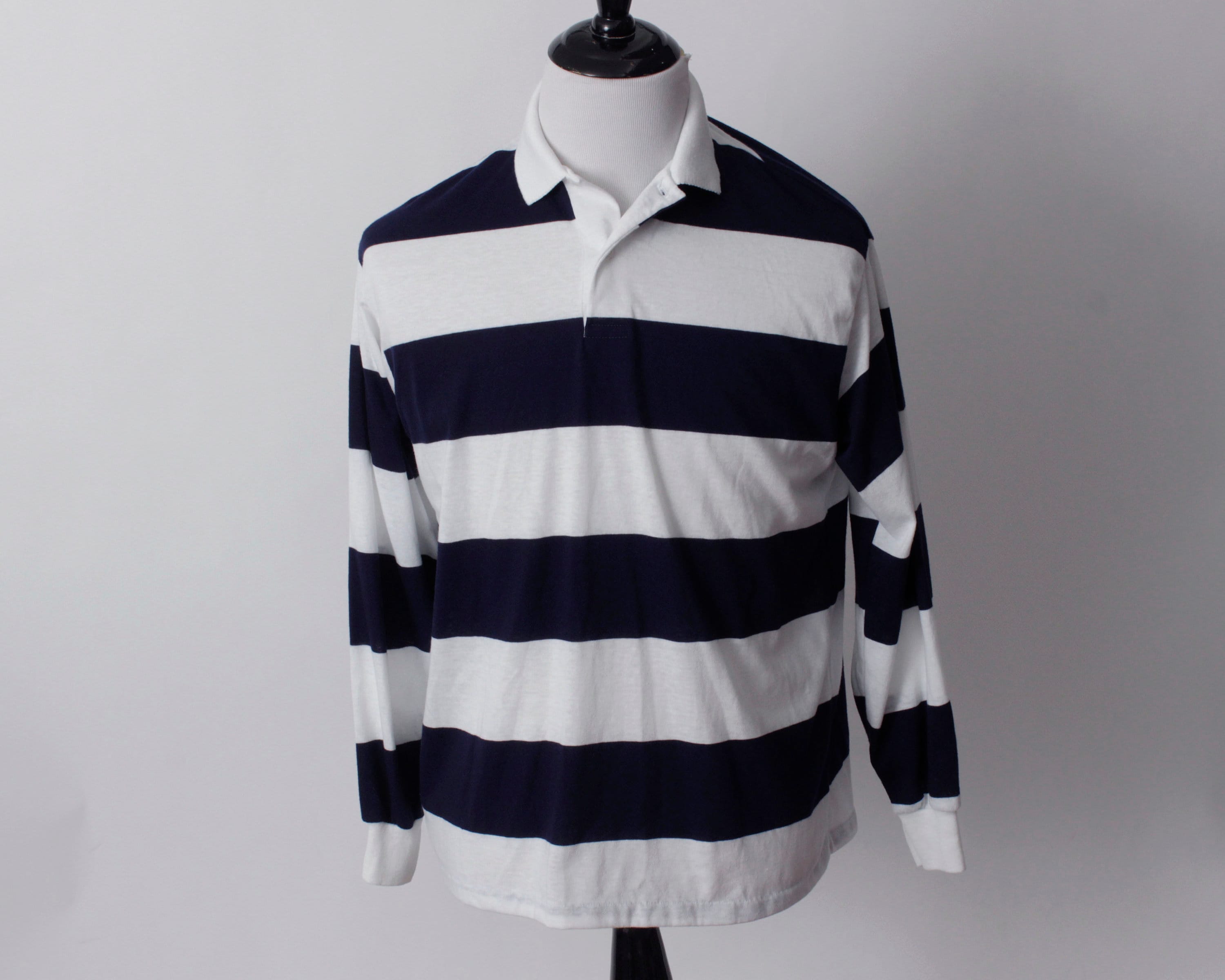 Vintage 90s Shirt Stripe Navy Blue White Long Sleeve Prep Preppy