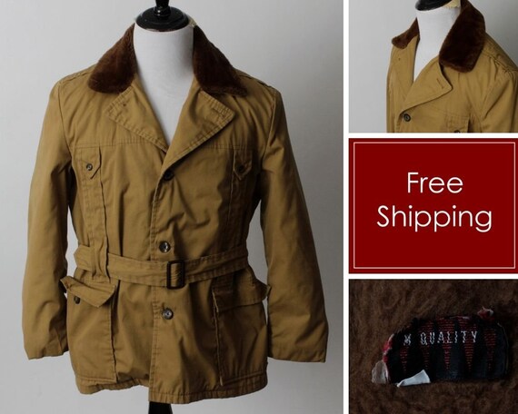 Vintage 70s Coat Men's Faux Fur Pimp Brown Belt Co