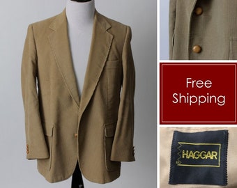 Vintage 80's Corduroy Blazer Men's Jacket Suit Coat Sport Beige Tan - 80s Retro 44R 44 R Large L