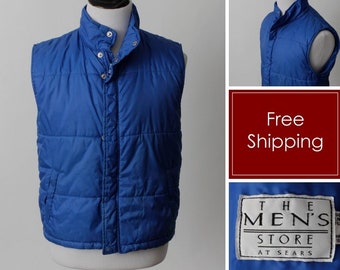 Vintage 80's Puff Vest Puffer Blue Men's Store Sears - Retro 80s Men's Medium M