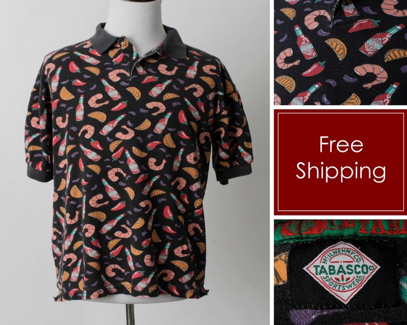 Vintage Men/'s Tabasco Shirt Shrimp New Orleans Short Sleeve Sauce Tobasco 90s Retro Extra Large XL