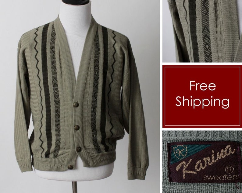 Vintage Men/'s Karina Cardigan Green Stripe Military Retro 80/'s Large L