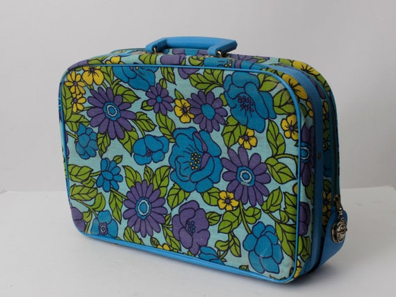 Vintage 60s Suitcase Bag Travel Tote Small Floral… - image 2