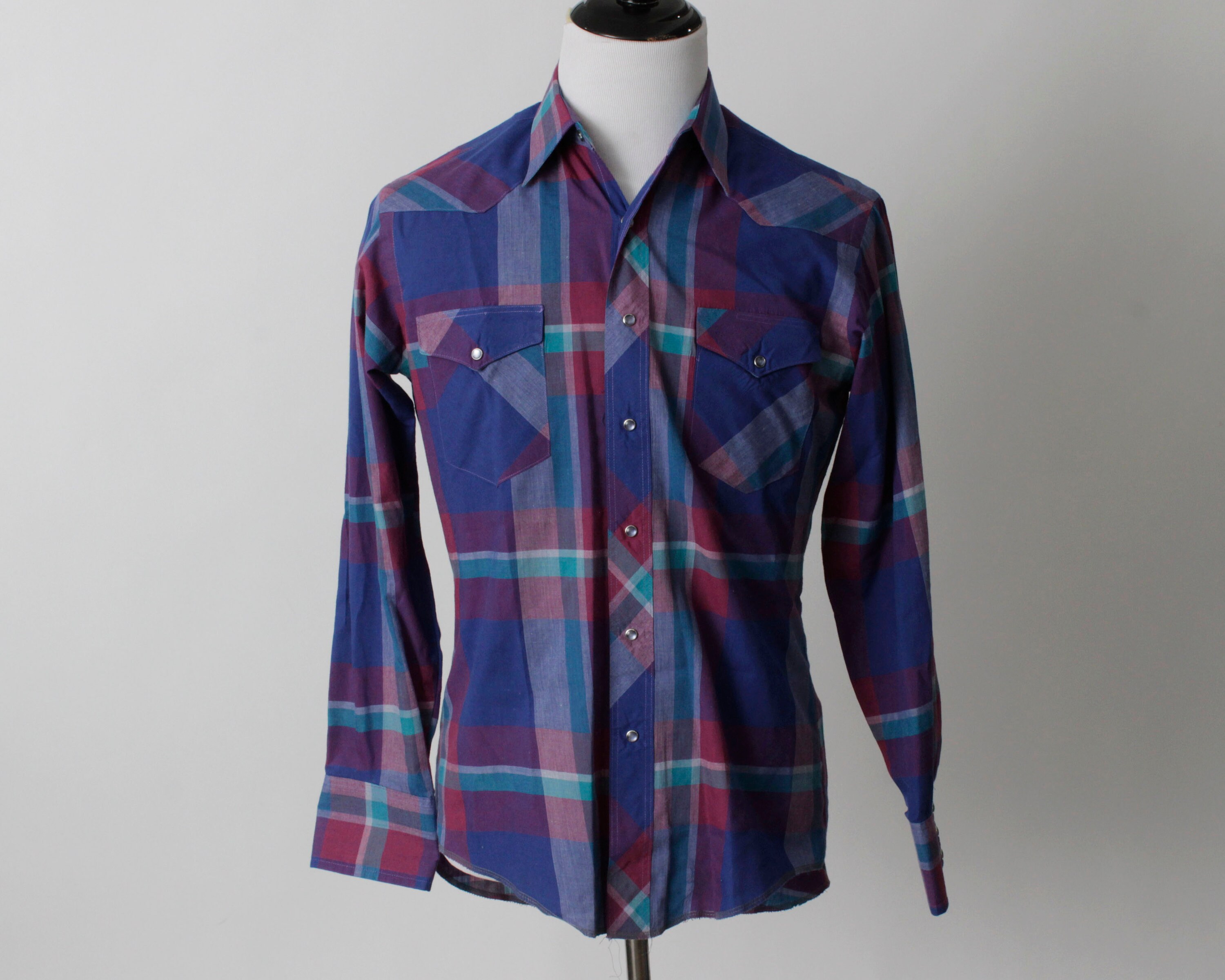 Vintage Men's Wrangler Plaid Shirt Blue 