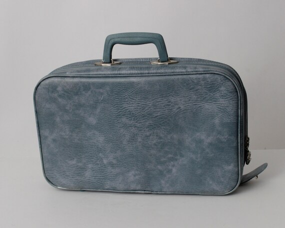 Vintage 70s Suitcase Bag Travel Tote Small Blue -… - image 2