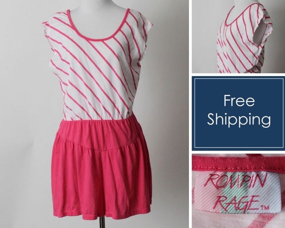 Vintage 80s Romper Women's Pink White Stripe Romp… - image 1