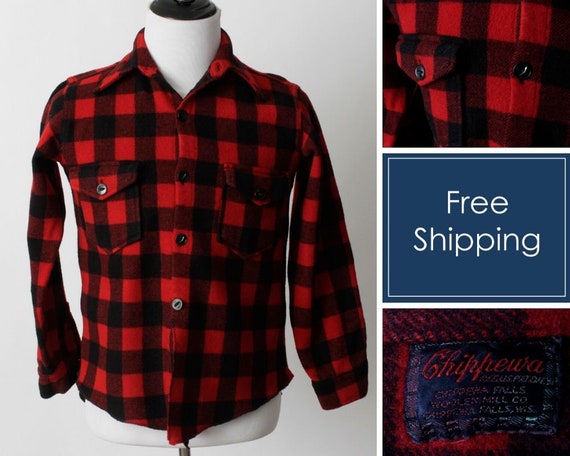 Vintage 50's Buffalo Plaid Wool Shirt Chippewa Men's Women's Red