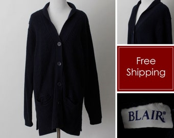 vintage années 80 Cardigan Femmes Long Navy Bleu Blair Côtelé - 80's Retro Large L