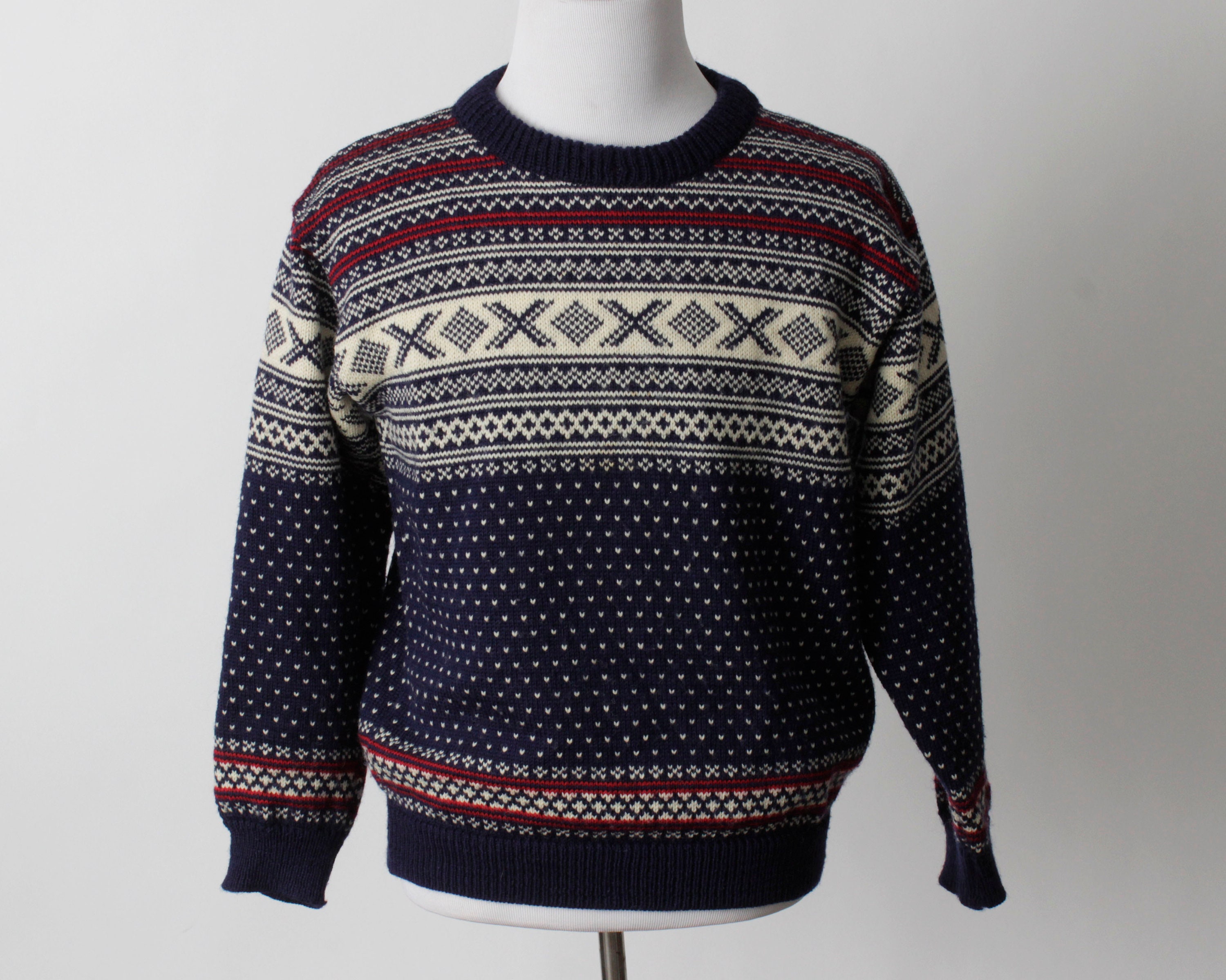 Vintage 90s LL Bean Fair Isle Sweater Wool Norwegian Red White