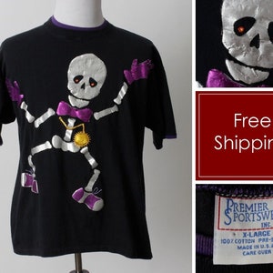 Vintage 80s Skeleton T Shirt TShirt T Shirt Halloween Haloween Ghost Goblin Black Purple - 80's Retro Men's Extra Large XL Women's XXL USA