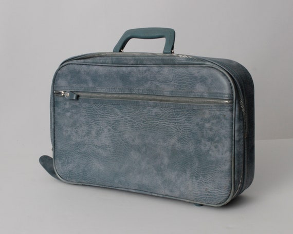 Vintage 70s Suitcase Bag Travel Tote Small Blue -… - image 1