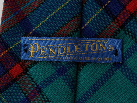 Vintage 80s Pendleton Tie Necktie Plaid Green Red… - image 4