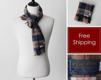 Vintage Pendleton Scarf Wool Blue Tan Men's Women's - Retro 70's 49 52.5 x 12.5 inches Made in the USA