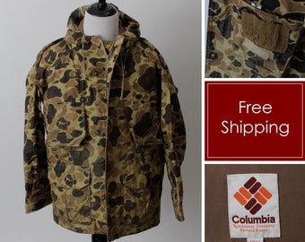 Vintage 80's Camo Jacket Men's Columbia Duck Camouflage Shell Hunting Hunt Hood - Medium M Large L