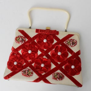 Vintage 60s Purse Women's Vintage Handbag Floral Purse Floral Handbag 60's Handbag Red White Vintage Women's Purse - 60's Retro