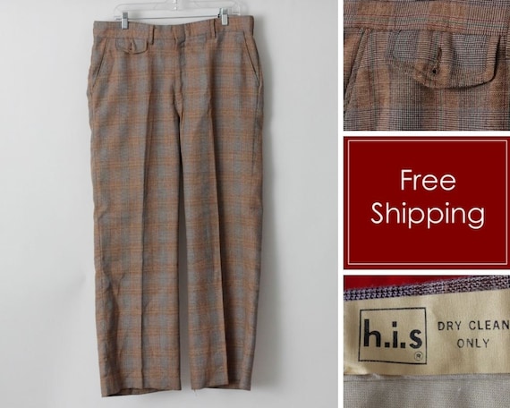 Vintage 70s Plaid Pants Men's HIS H.I.S. Brown Re… - image 1