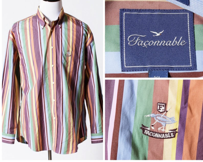 Vintage Men/'s Shirt Faconnable Multi Color Stripe Logo Bird Retro 90/'s Extra Large XL XXL Button Down