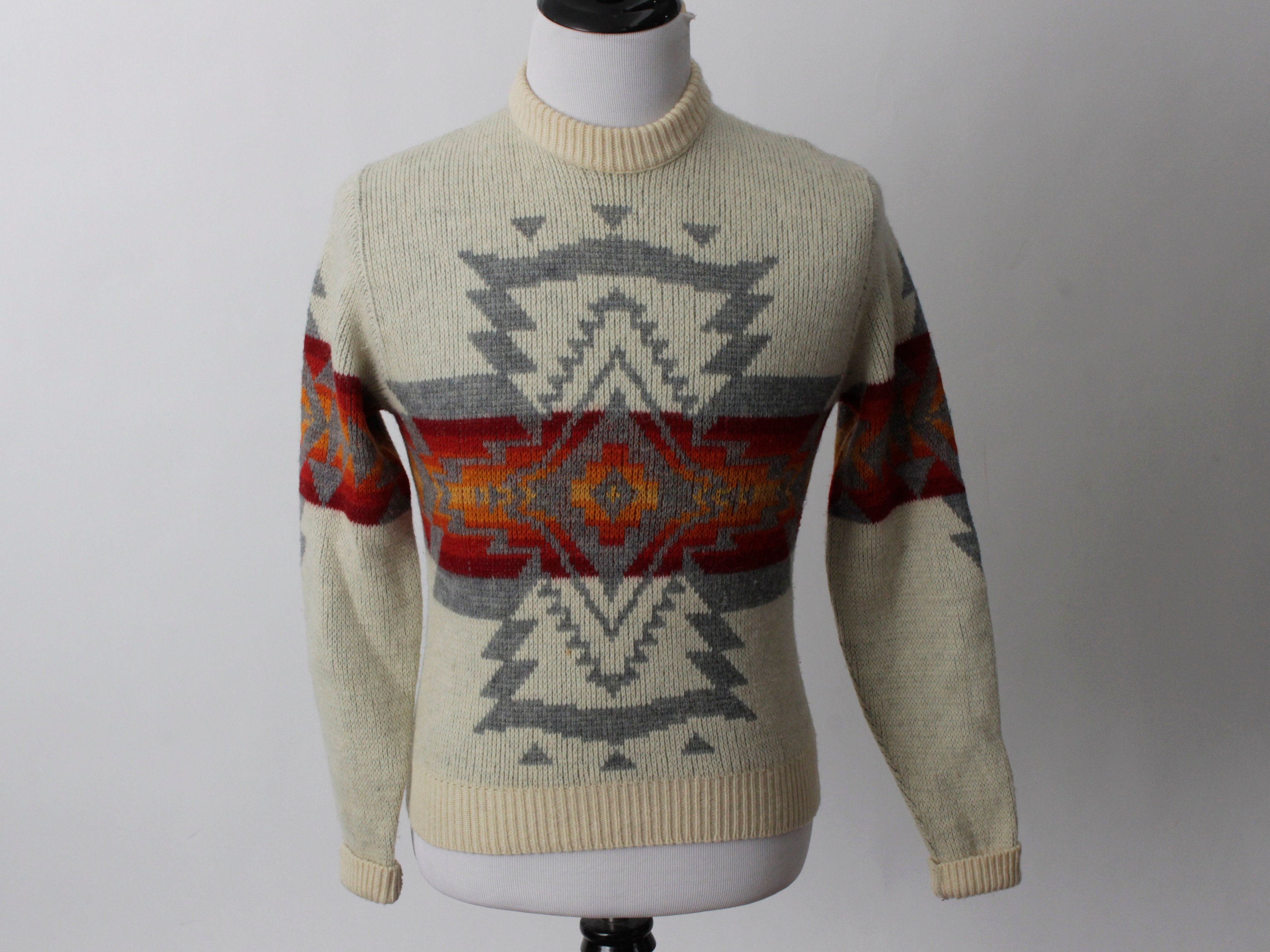 Vintage 70s Pendleton Sweater Wool Southwest Native Indian White