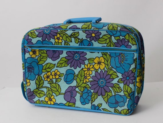 Vintage 60s Suitcase Bag Travel Tote Small Floral… - image 1