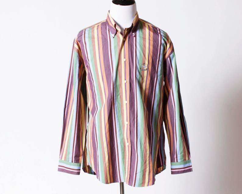 Vintage Men/'s Shirt Faconnable Multi Color Stripe Logo Bird Retro 90/'s Extra Large XL XXL Button Down