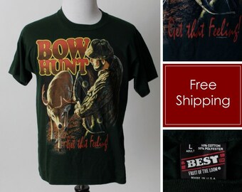 Vintage 90s Hunting T Shirt Tee T-Shirt Bow Hunt Arrow Deer Elk - 90's Retro Men's Large L Women's XL Made in USA