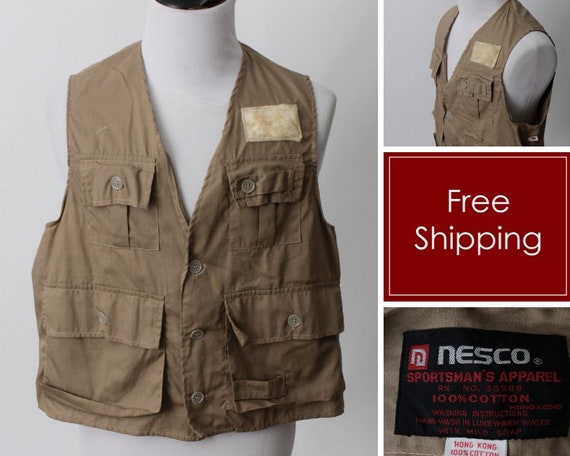 Vintage 90s Fishing Vest Fly Nesco Brown Hunt Fis… - image 1