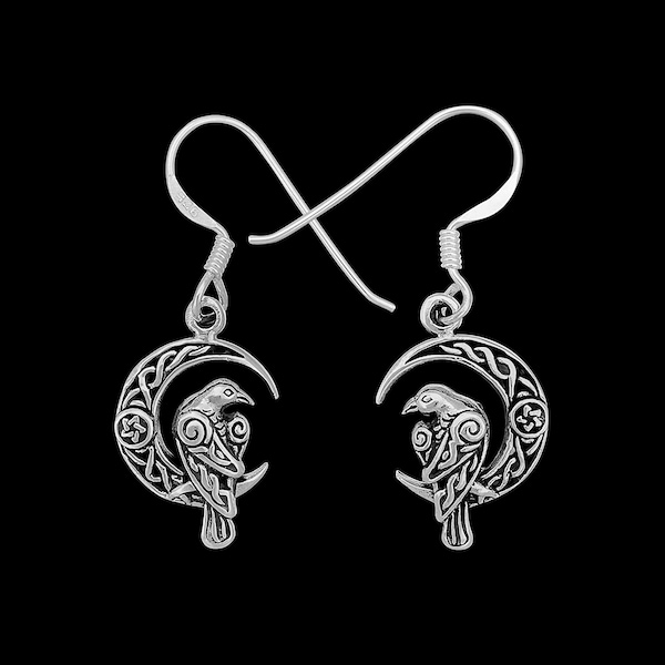 925 Sterling Silver Celtic Dangle Earrings, Viking, Raven, Nevermore, Crescent Moon