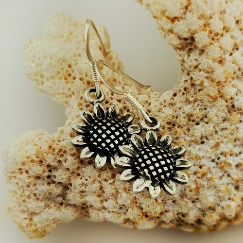 Silver Sunflower Earrings Sunflower Jewelry Flower Dangle Etsy