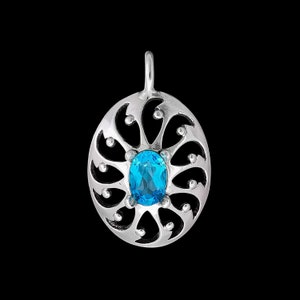 925 Sterling Silver Oval Blue Topaz Pendant, Abstract Cutout Flower Design, Solitaire Birthstone Necklace, Handmade Gemstone Jewelry