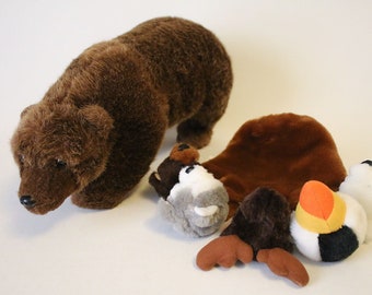 Get Both- BROWN BEAR Plush + Artic Circle Alaska Hand Puppet w/ a Moose, Wolf, Brown Bear, Puffin Bird, Polar Bear Fingertip Hand Puppet